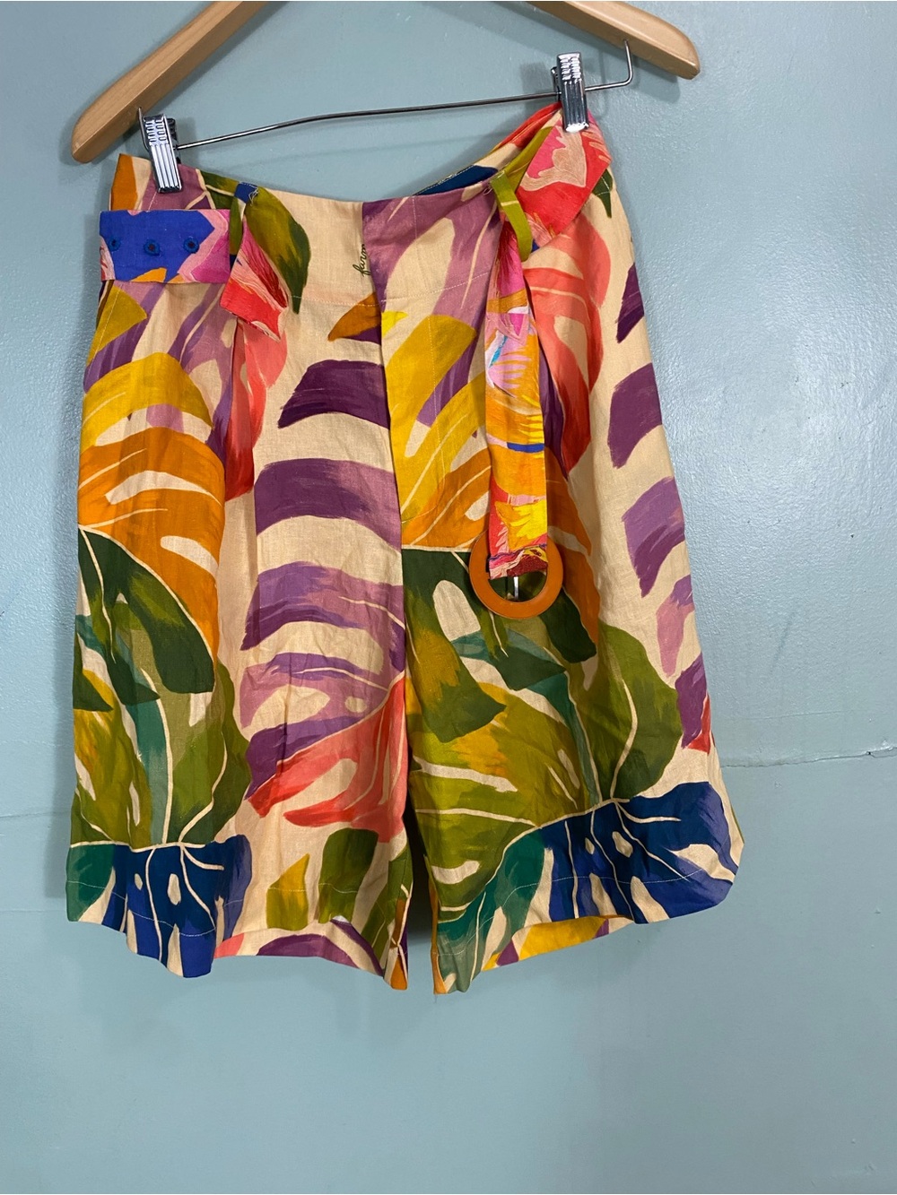 Farm‎ Rio Anthropologie Linen Blend Belted Palm Tree Leafs Bermuda Shorts Small